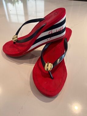 Juicy Couture Red Flip Flops with Navy Straps and Gold Accent